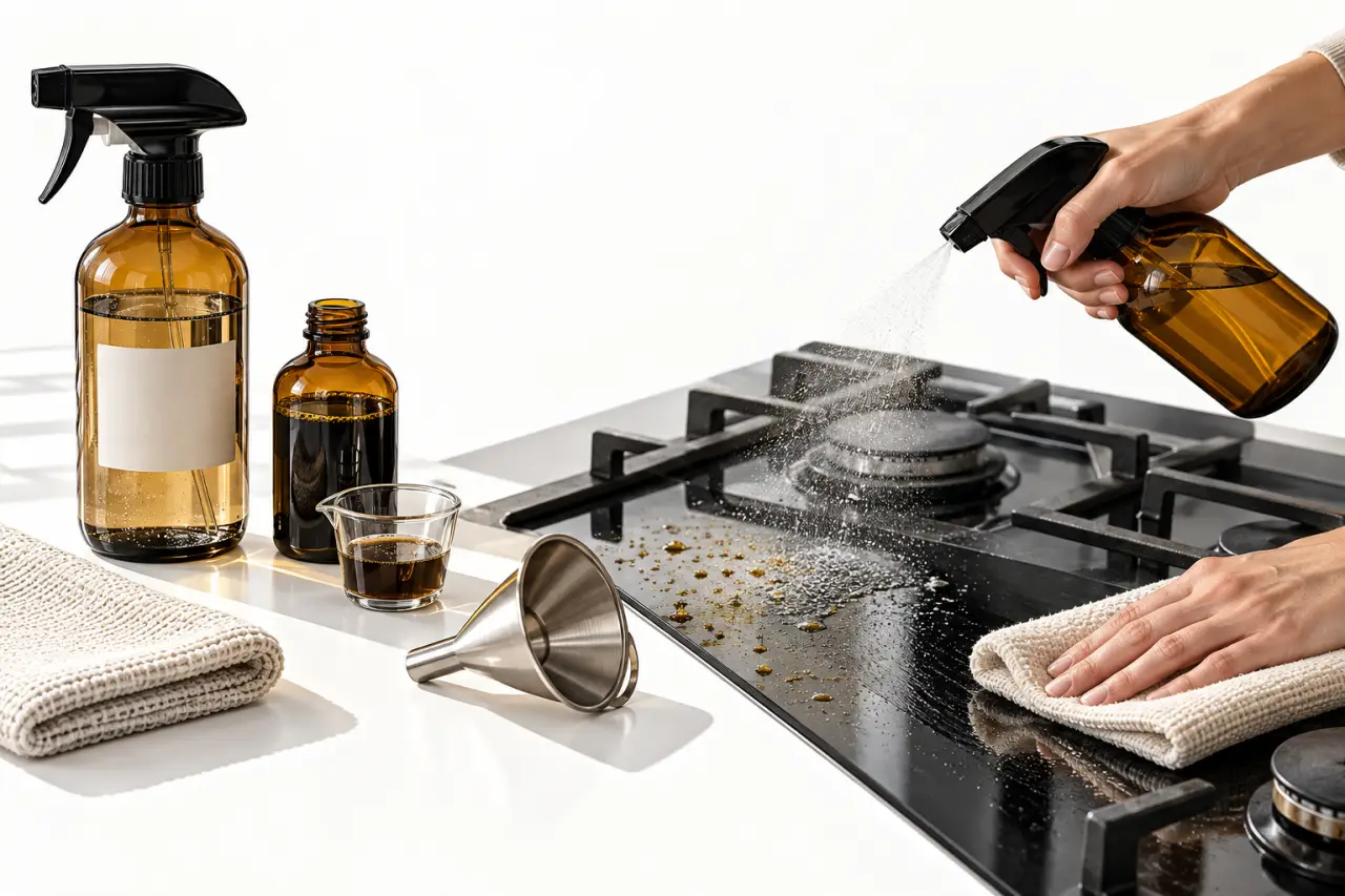 Préparation et utilisation d’un nettoyant cuisine maison au savon noir sur une plaque de cuisson