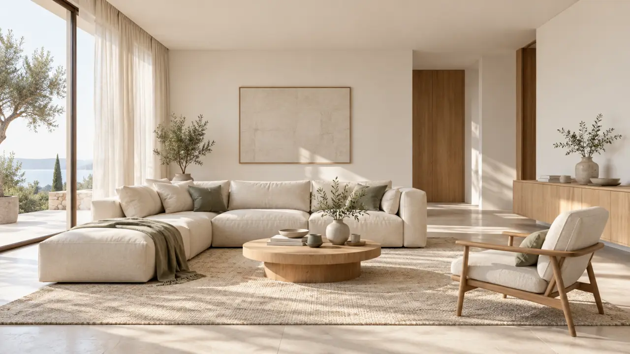 Salon de maison minimaliste chaleureux avec bois clair, textiles naturels et espace dégagé