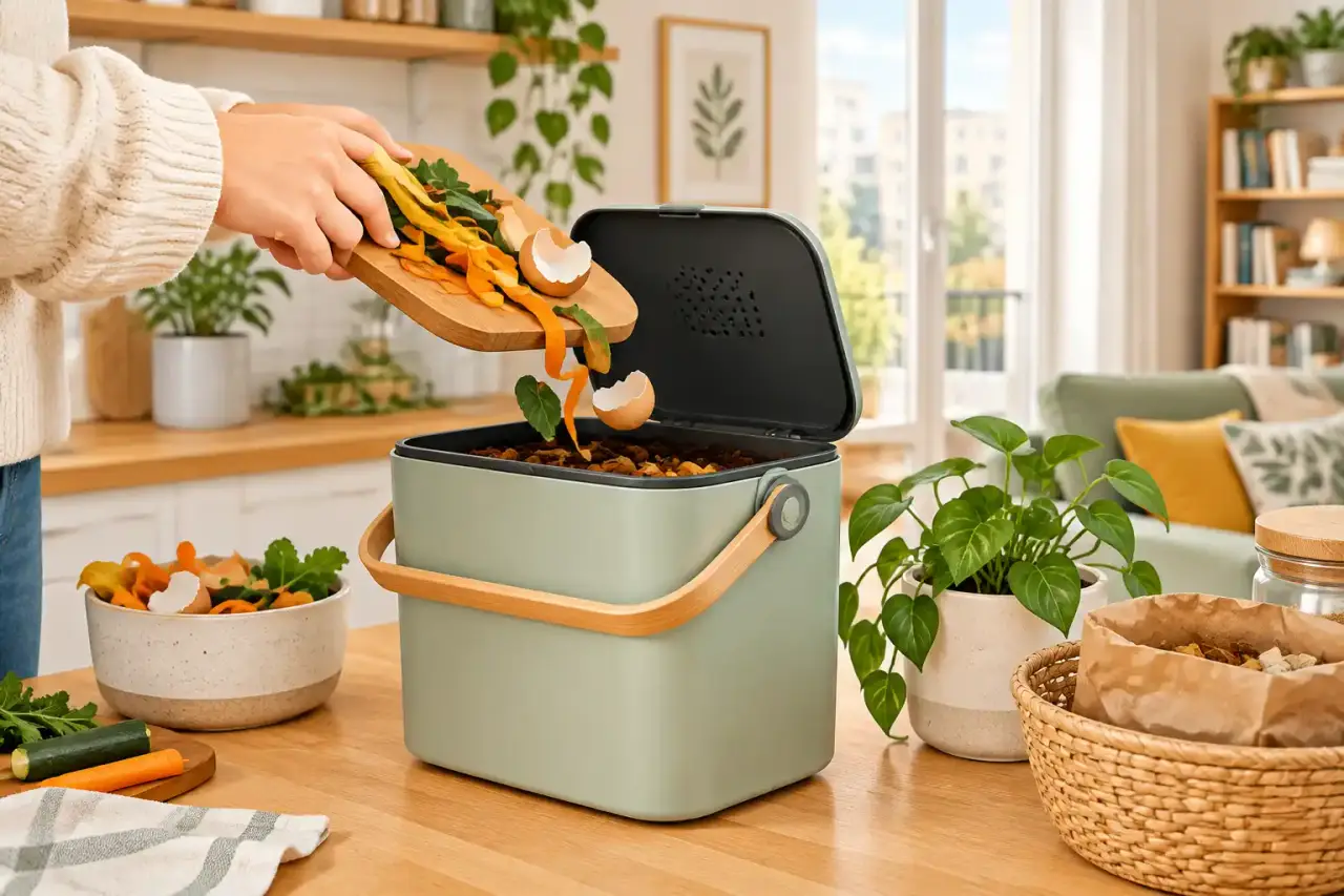 Composteur discret dans une cuisine d’appartement lumineuse