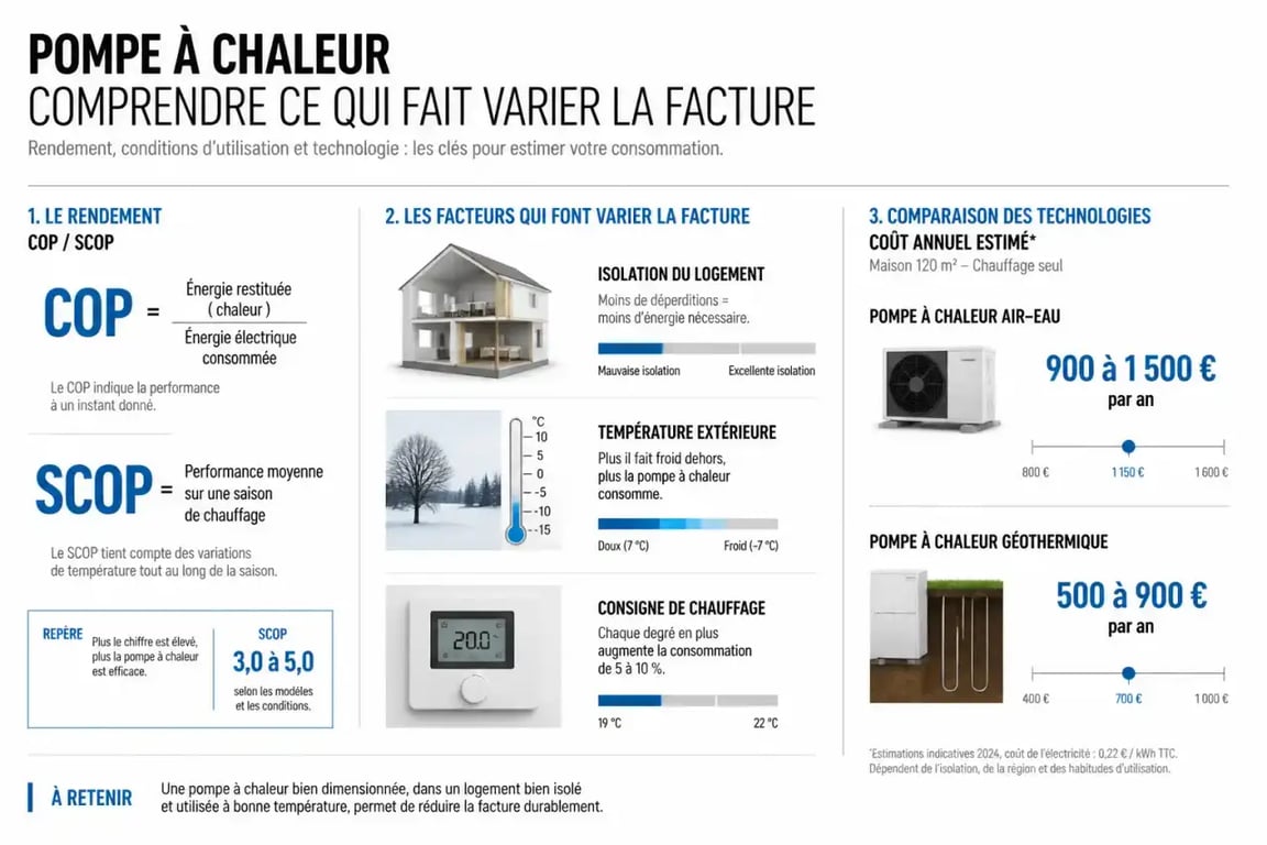Combien consomme une pompe à chaleur : visuel sur le COP, le SCOP et le coût annuel selon le type de PAC
