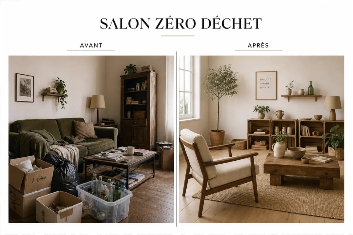 Décoration écoresponsable et zéro déchet chez soi dans un salon chaleureux avec meubles de seconde main et matières naturelles