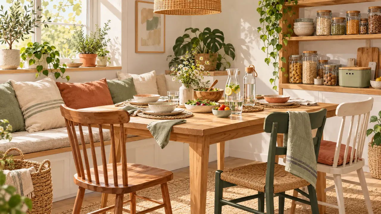 Coin repas familial chaleureux avec table en bois, vaisselle durable et bocaux réutilisables