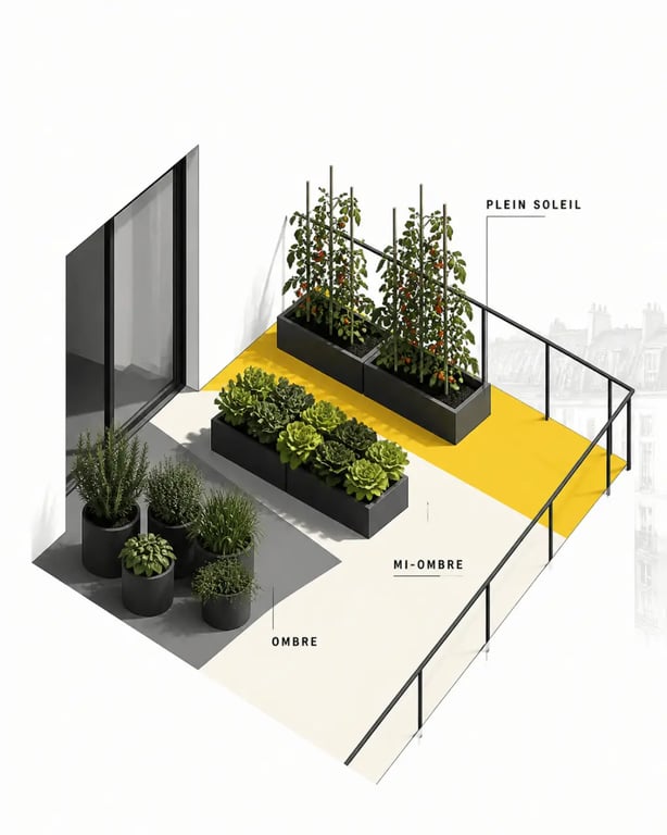 Potager balcon organisé selon l’exposition du balcon avec jardinières, pots profonds et aromatiques