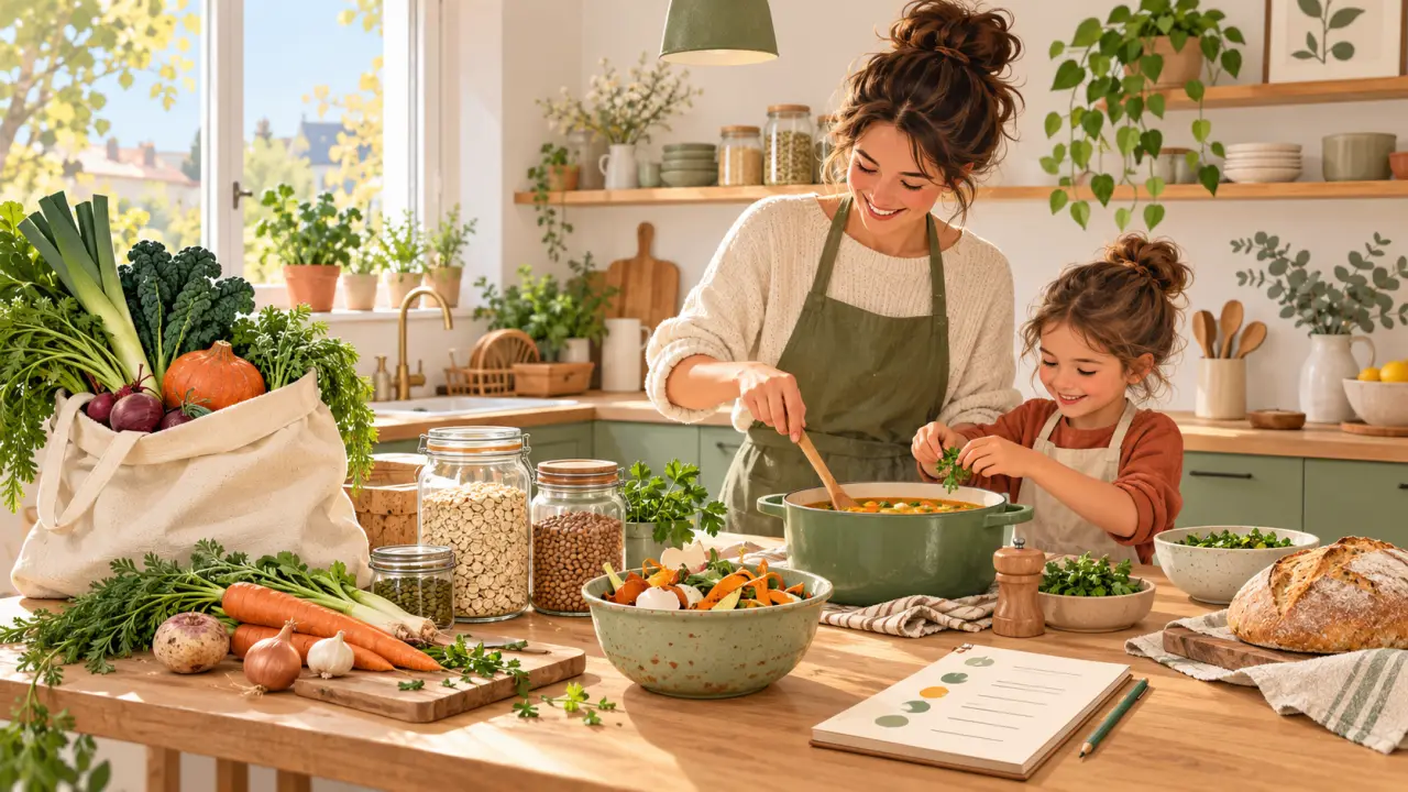 Cuisine familiale lumineuse avec légumes de saison, bocaux réutilisables et ustensiles durables