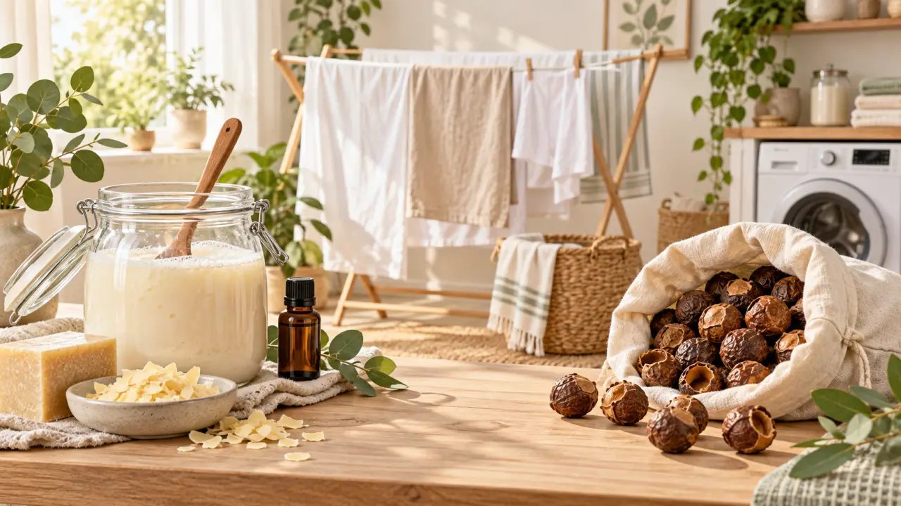 Bocaux de lessive maison et noix de lavage dans une buanderie naturelle
