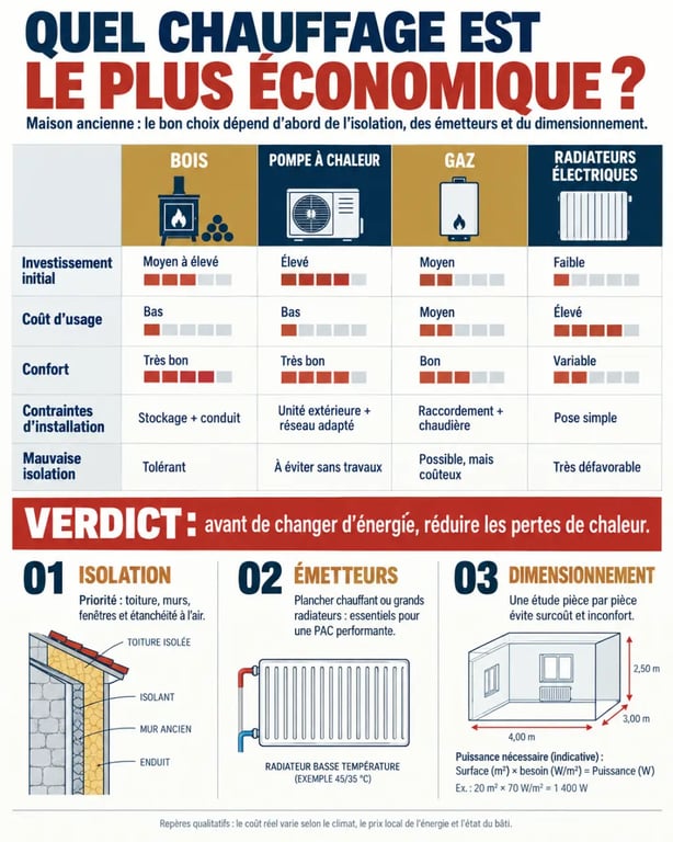 Infographie sur le chauffage le plus économique pour une maison ancienne