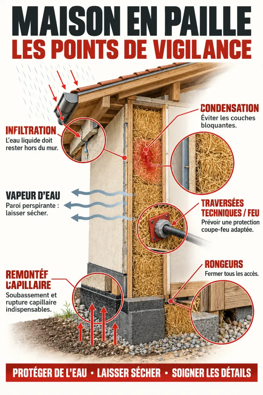 Infographie des inconvénients d’une maison en paille et des protections contre l’humidité, le feu et les rongeurs