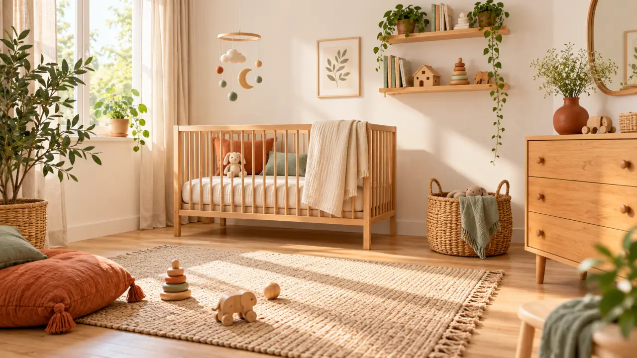Chambre de bébé chaleureuse aménagée avec des meubles d'occasion et des matières naturelles