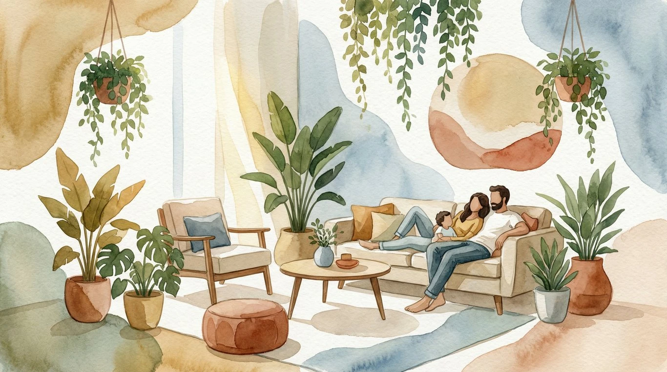 Illustration d'un salon familial lumineux rempli de plantes
