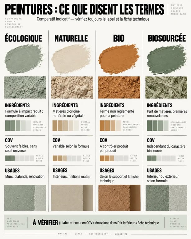 Infographie comparative sur la peinture écologique, naturelle, bio et biosourcée