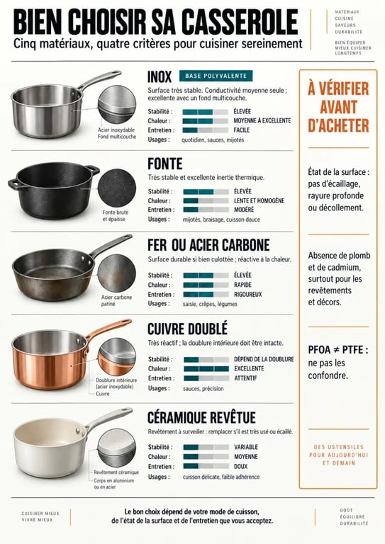 Infographie pour savoir quelle casserole choisir pour la santé selon le matériau et l’usage