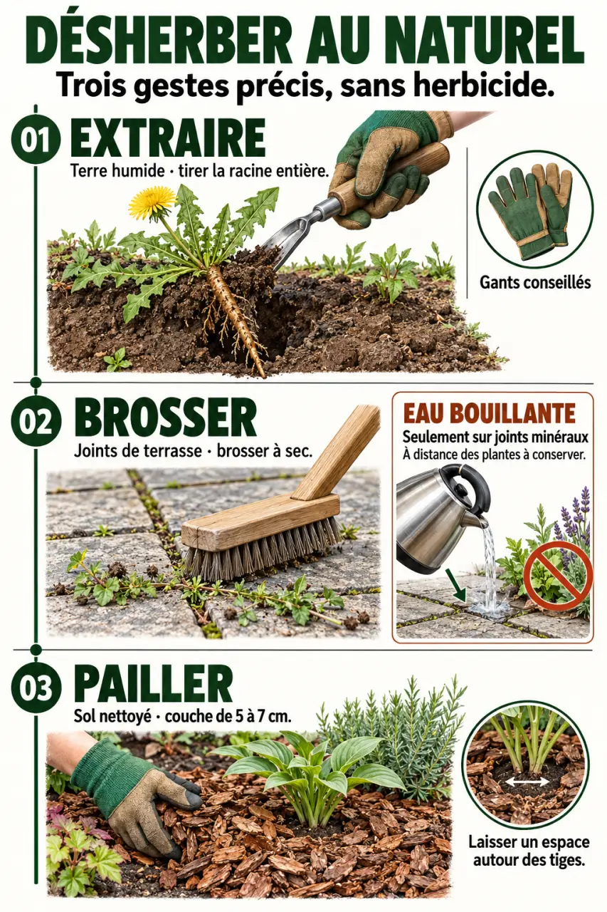 Désherber au naturel avec arrachage, brossage des joints et paillage