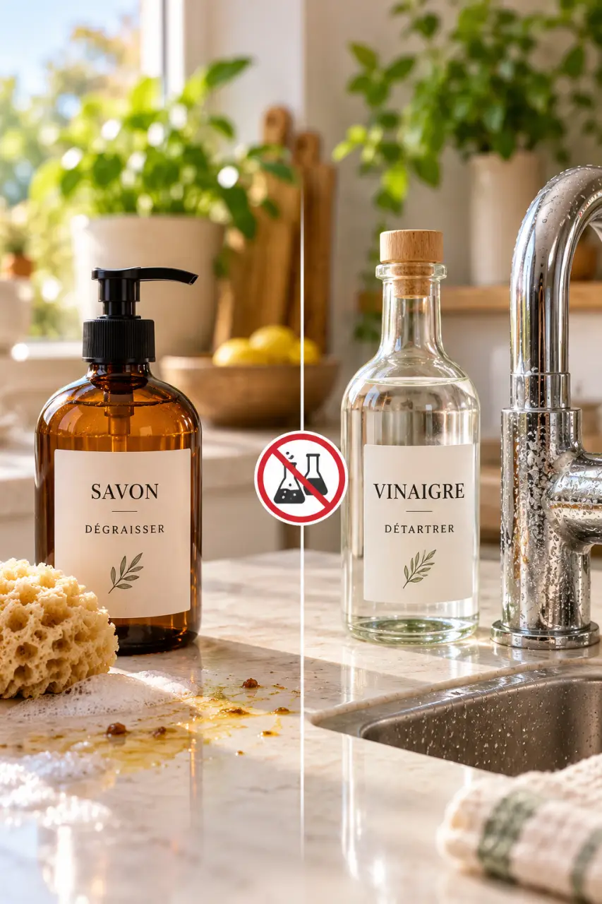 Nettoyant cuisine maison : dégraisser au savon, détartrer au vinaigre sans les mélanger