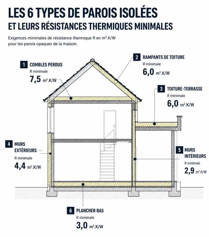 Schéma des normes isolation thermique 2025 par paroi avec seuils de résistance R