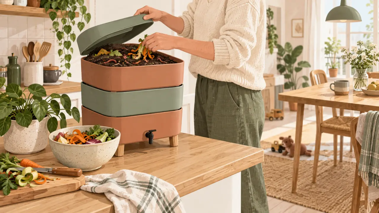 Lombricomposteur installé dans une cuisine lumineuse avec des plantes et des matières naturelles