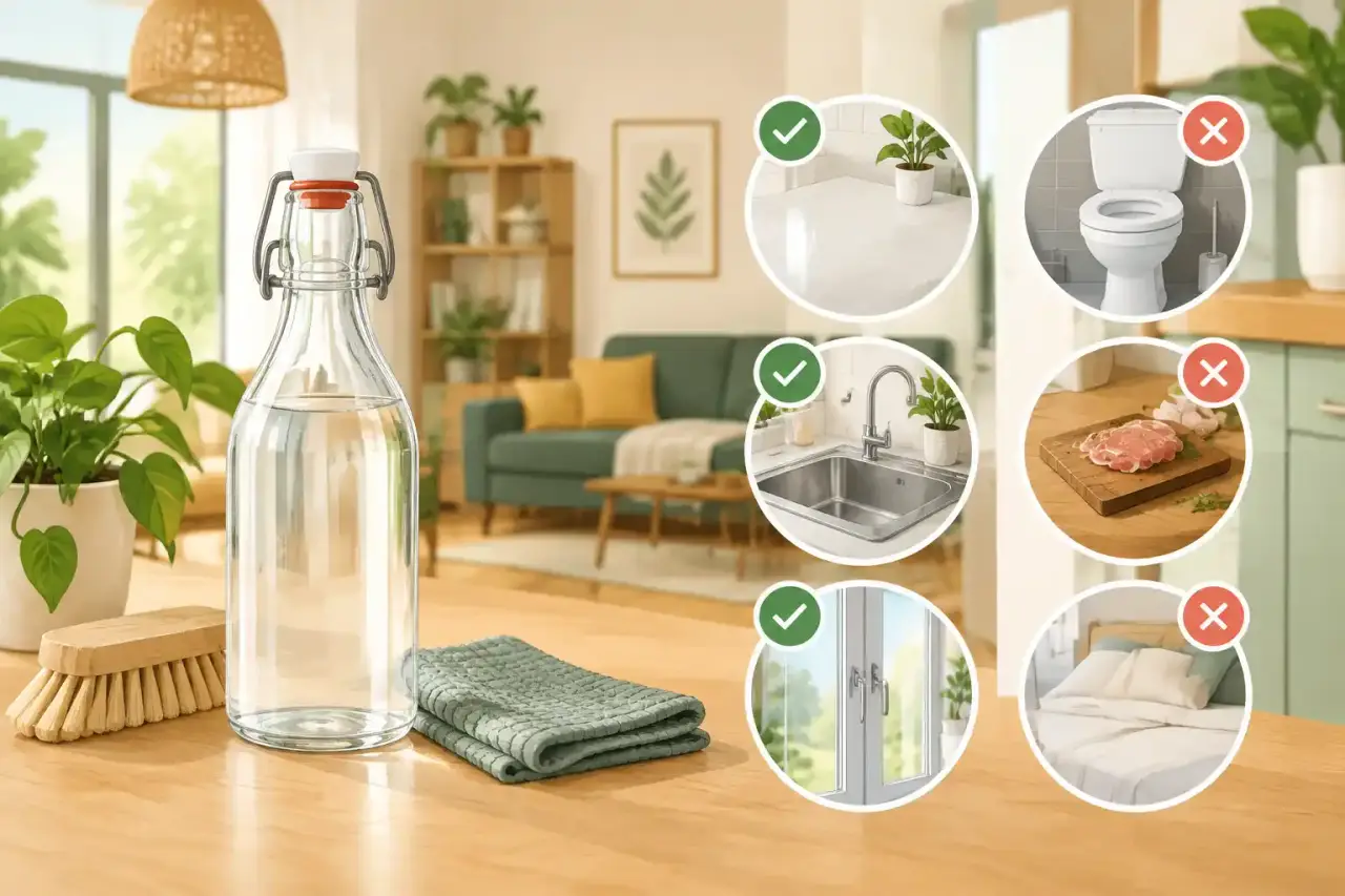 Bouteille de vinaigre blanc et accessoires de nettoyage dans une maison lumineuse