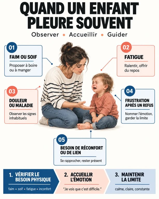 Infographie sur un enfant qui pleure tout le temps et les principaux besoins à vérifier