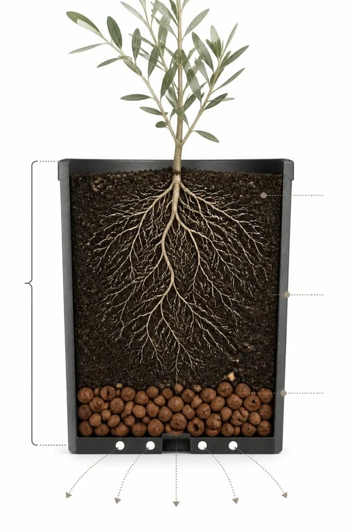 Potager balcon en coupe montrant drainage, billes d’argile et profondeur idéale du contenant