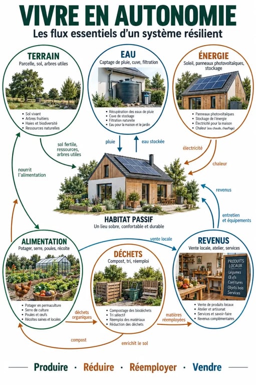 Infographie des principaux systèmes pour vivre en autonomie : terrain, eau, énergie, alimentation et habitat