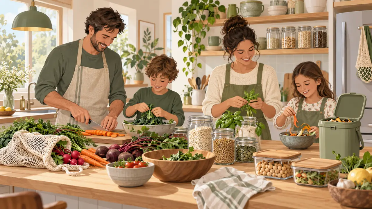 Cuisine familiale organisée avec bocaux, sacs réutilisables et produits frais