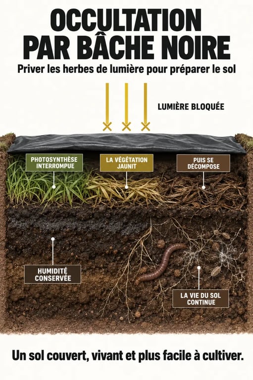 Schéma du fonctionnement d'une bâche noire au jardinage : lumière bloquée et mauvaises herbes affaiblies