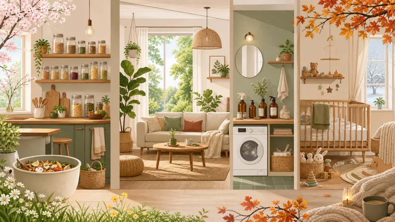Illustration d'un intérieur familial lumineux et apaisant, avec plantes et matières naturelles