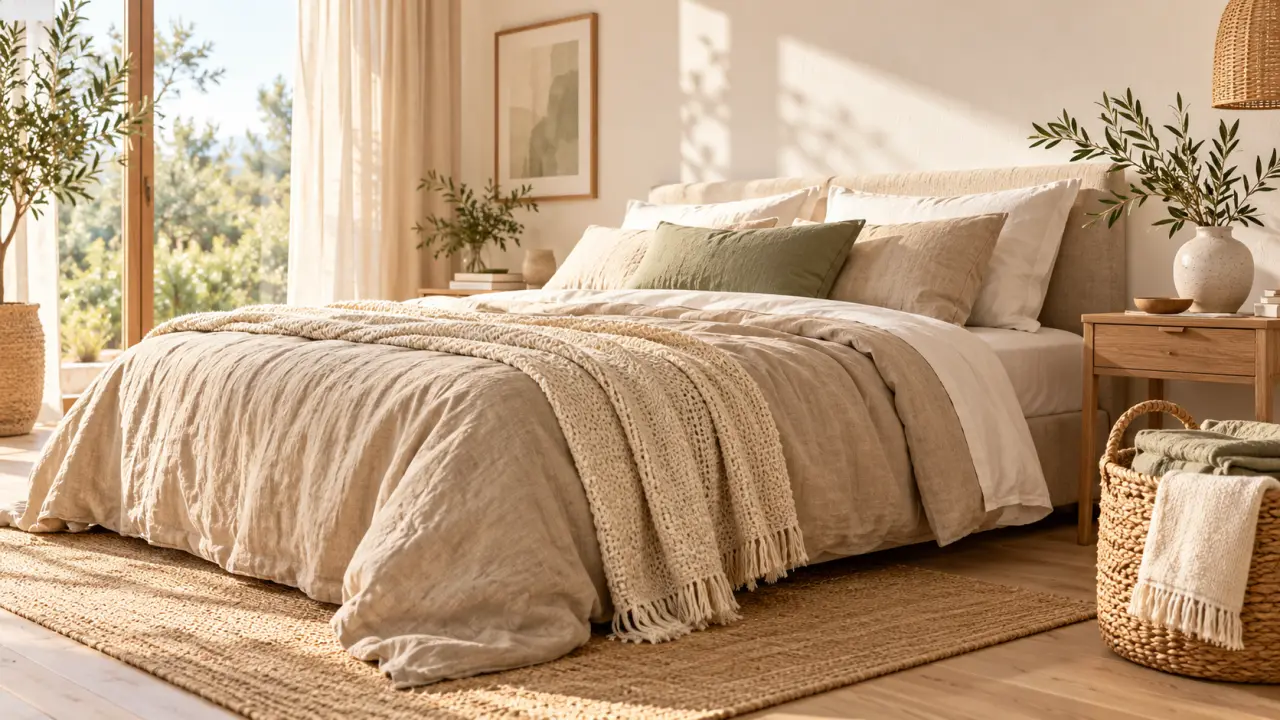 Linge de maison durable en lin, chanvre et coton bio dans un intérieur lumineux