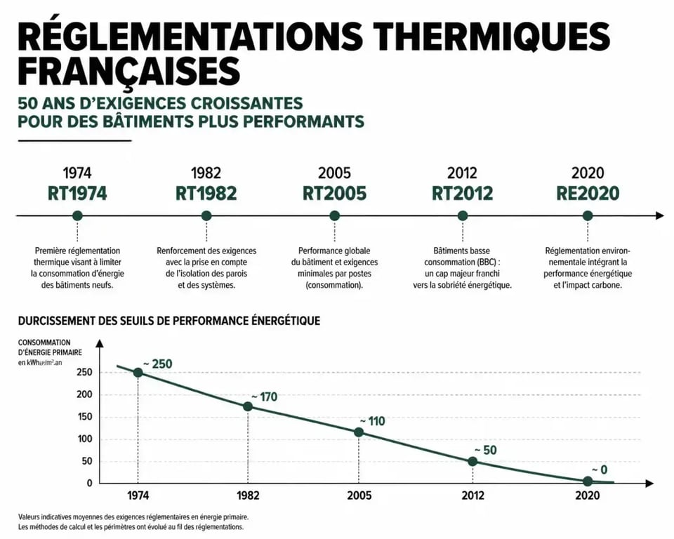 Chronologie des normes isolation thermique de la RT1974 à la RE2020 en 2025