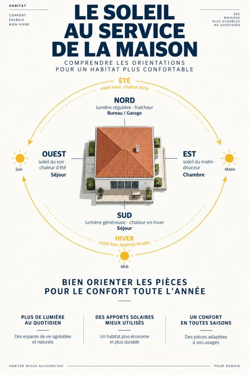 Meilleure orientation maison : schéma des expositions nord sud est ouest et des pièces recommandées