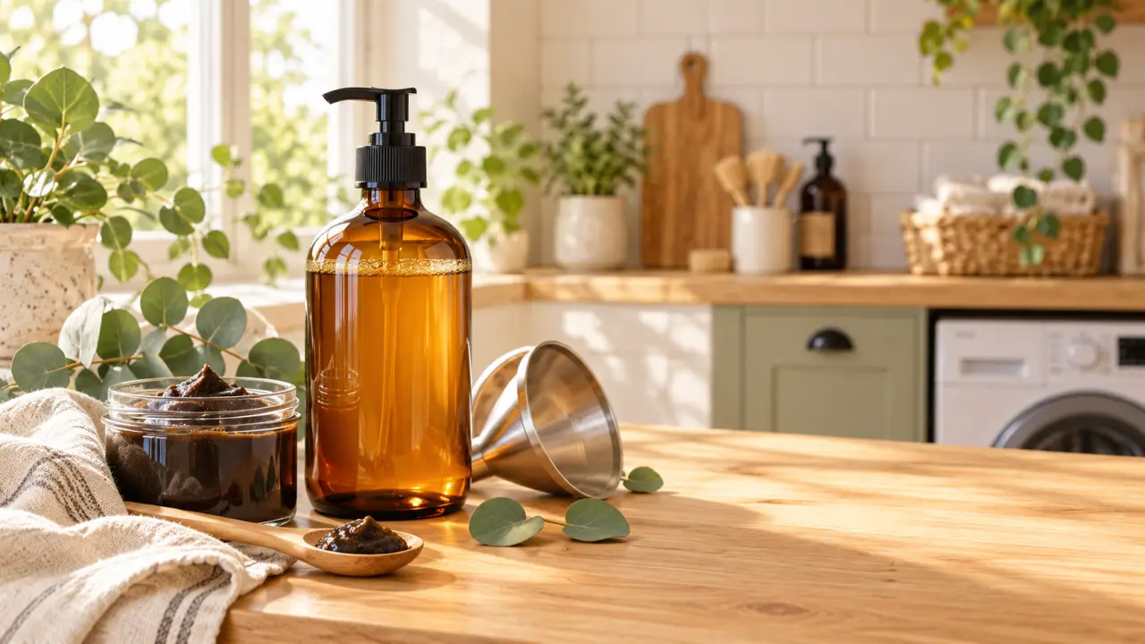 Flacon de nettoyant au savon noir avec savon, citron et linge naturel