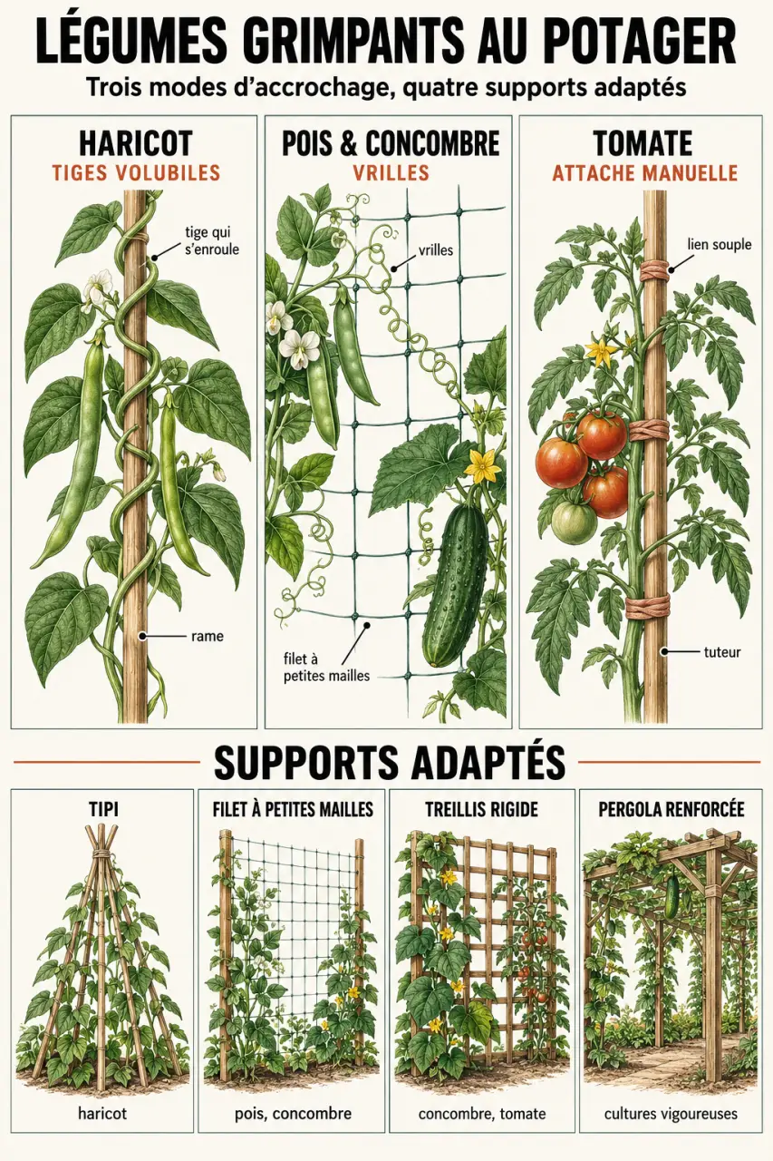Infographie sur les légumes grimpant potager et leurs supports adaptés