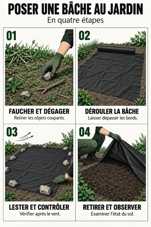 Étapes de jardinage avec bâche noire : préparation, pose, lestage et retrait