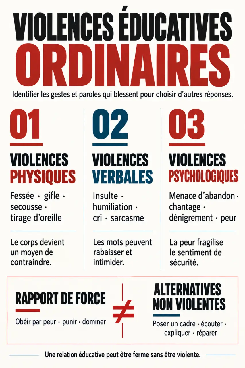 Infographie sur les violence educative ordinaires : formes physiques, verbales et psychologiques et alternatives non violentes