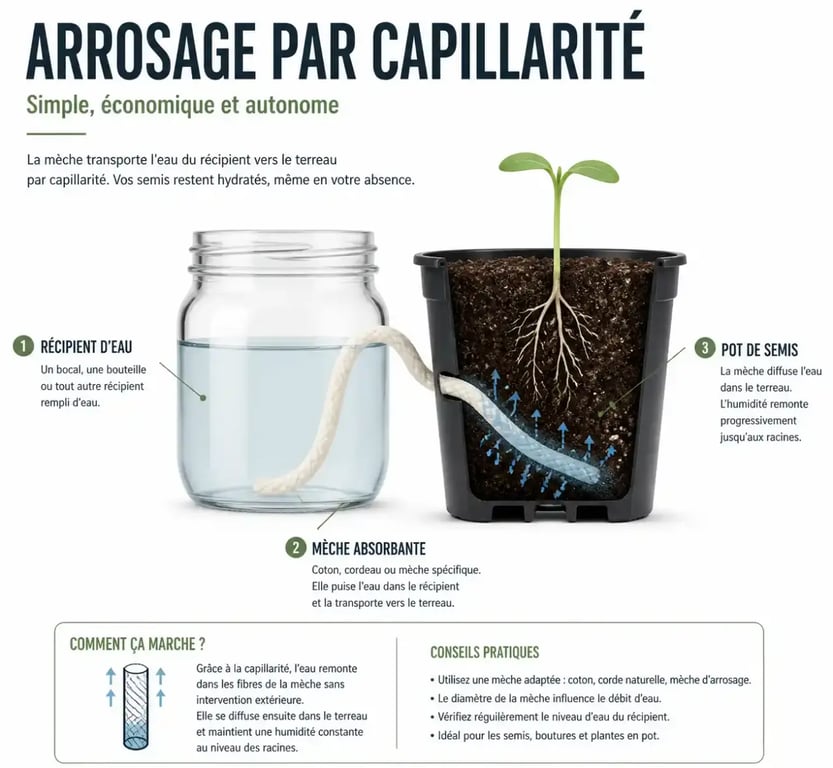 Schéma d'un système par capillarité pour l'arrosage automatique potager fait maison
