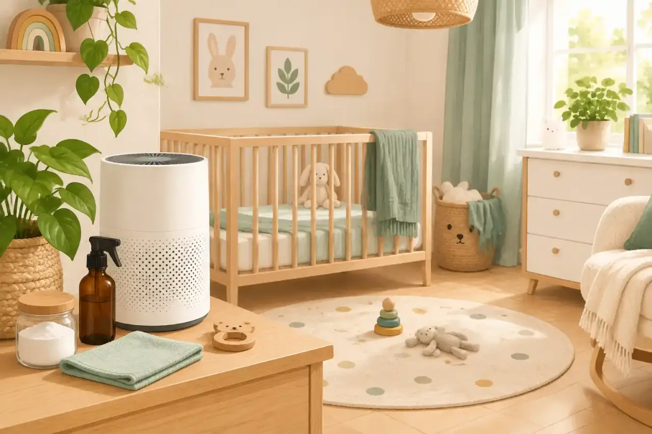 Une chambre de bébé lumineuse et naturelle avec un berceau en osier et des plantes vertes purifiantes