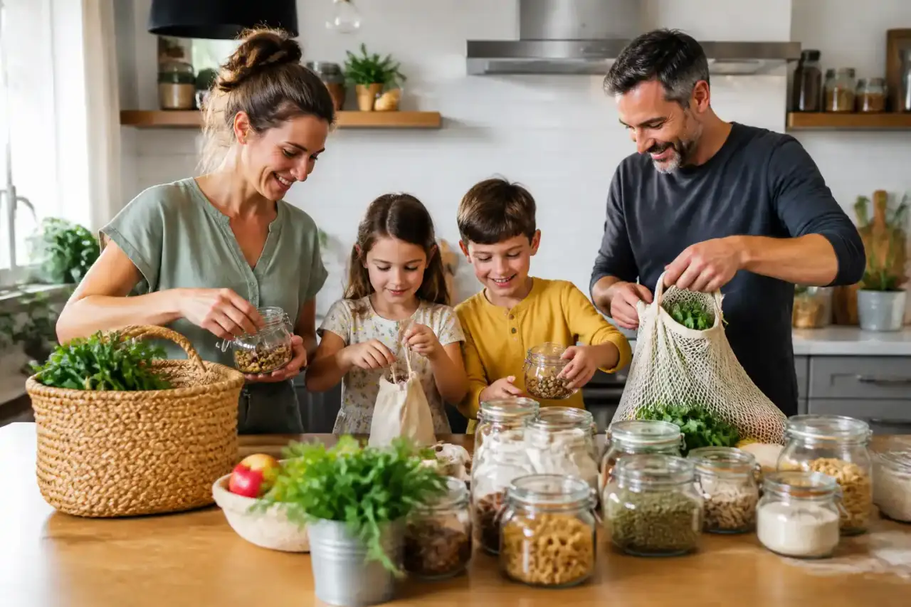 Illustration d'une cuisine familiale lumineuse avec bocaux, paniers et plantes, dans une ambiance chaleureuse et naturelle
