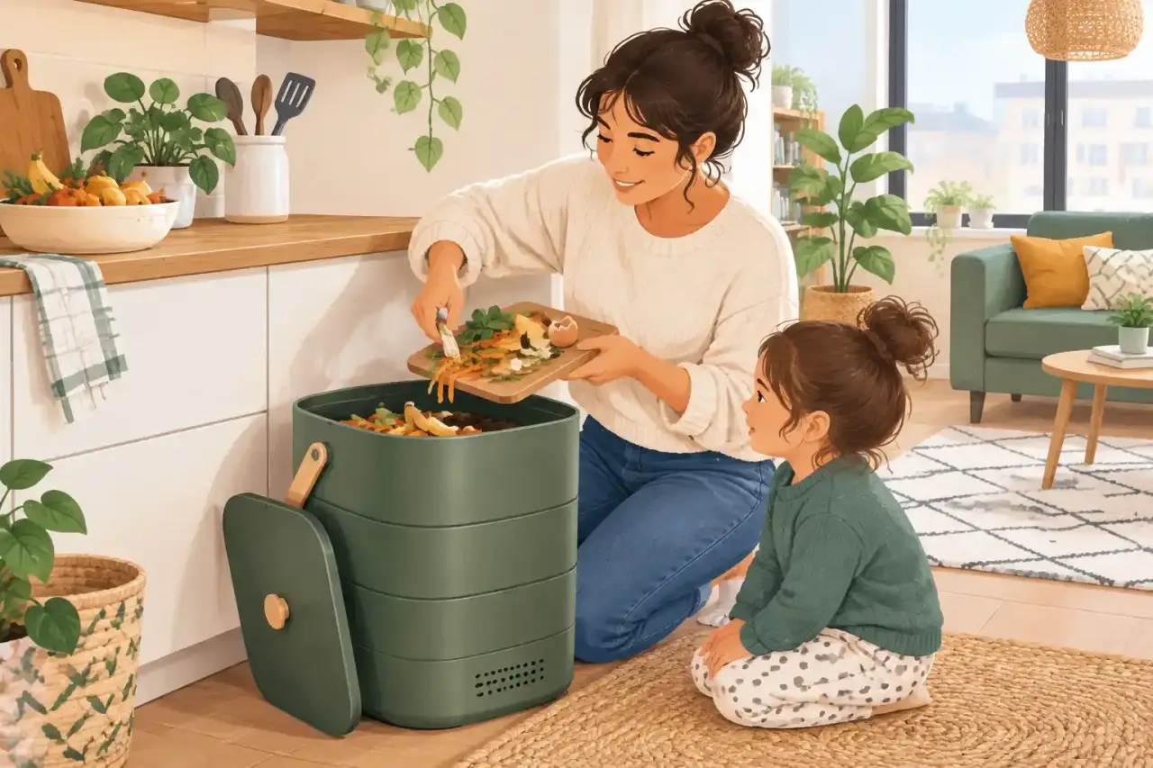 Un lombricomposteur d'appartement design en bois et terre cuite entouré de plantes vertes