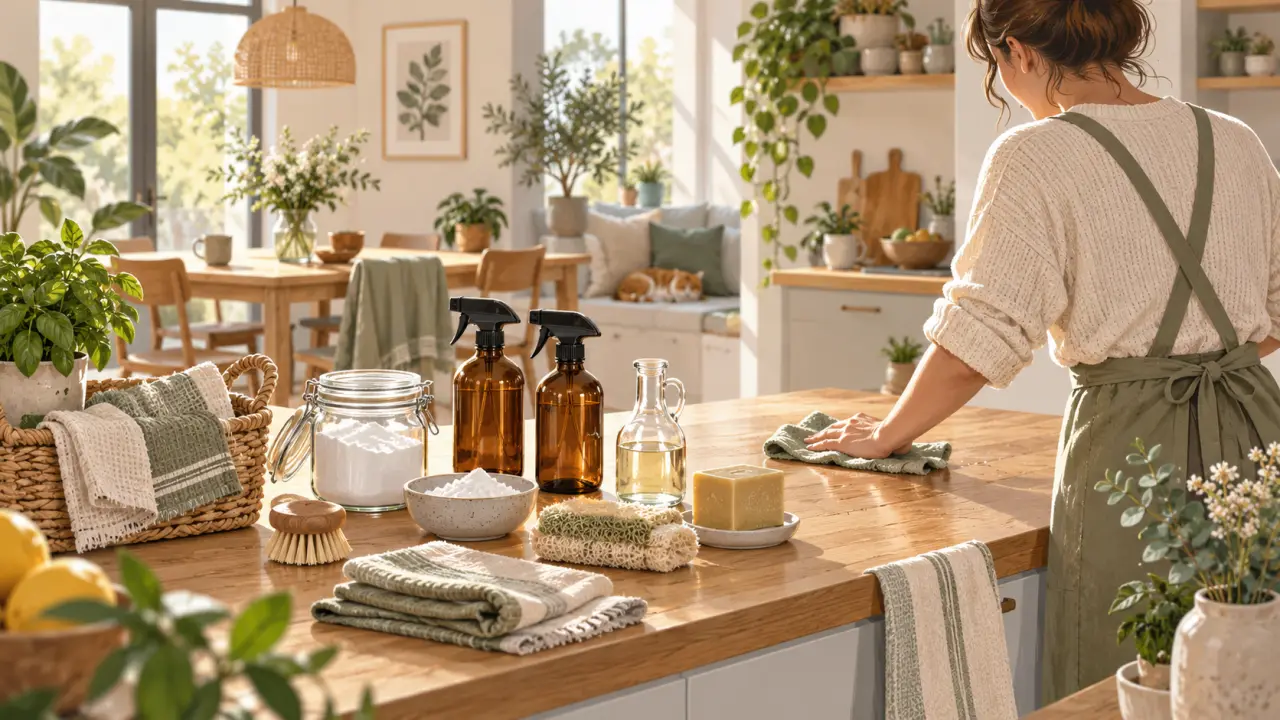 Accessoires lavables et produits naturels pour nettoyer la maison