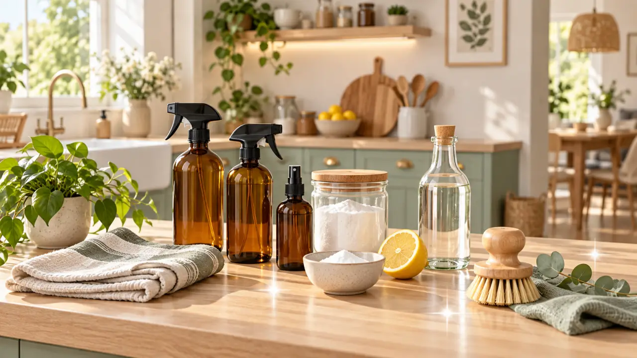 Produits ménagers naturels disposés dans une cuisine lumineuse