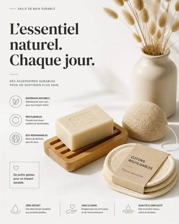 Accessoires pour une routine beauté éco-responsable : savon solide, éponge konjac et cotons réutilisables
