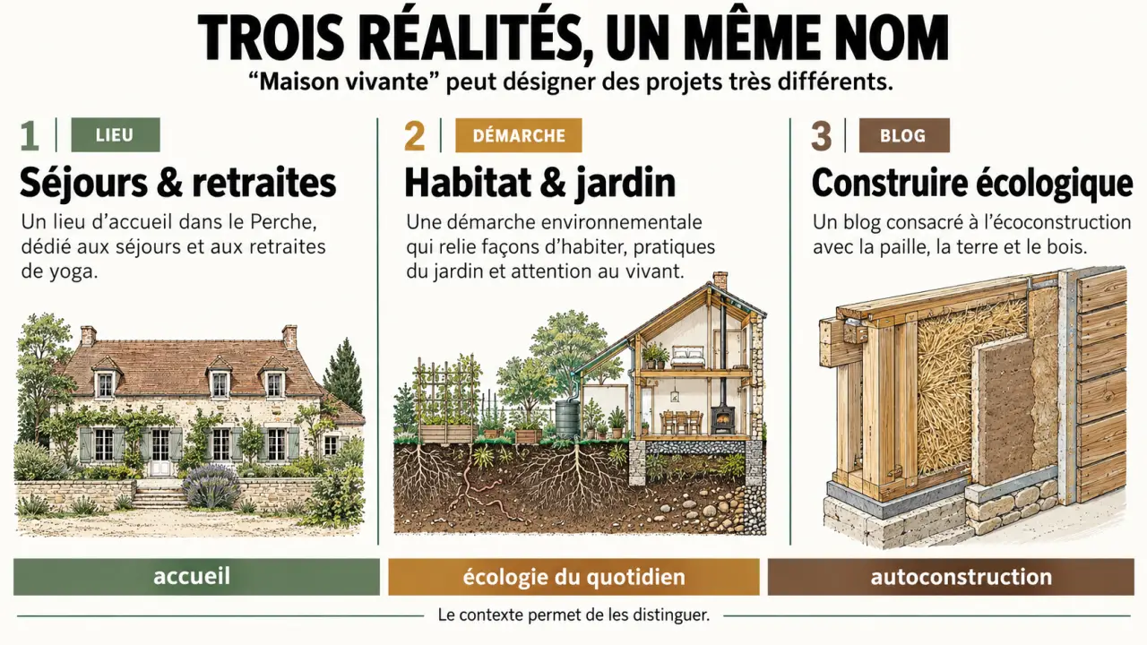 Maison vivante : infographie distinguant le lieu de séjour dans le Perche, la démarche écologique et le blog de construction