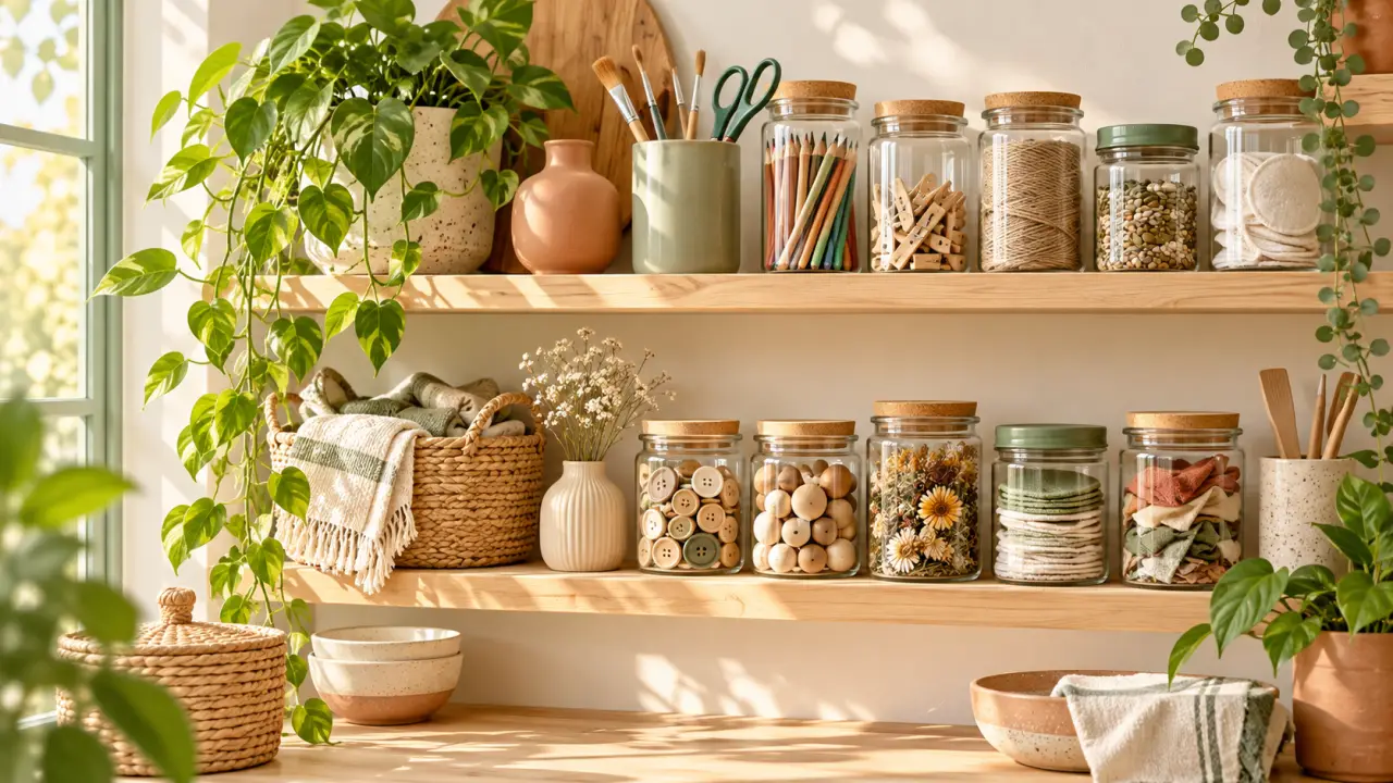 Bocaux en verre transformés en rangements déco dans une maison chaleureuse
