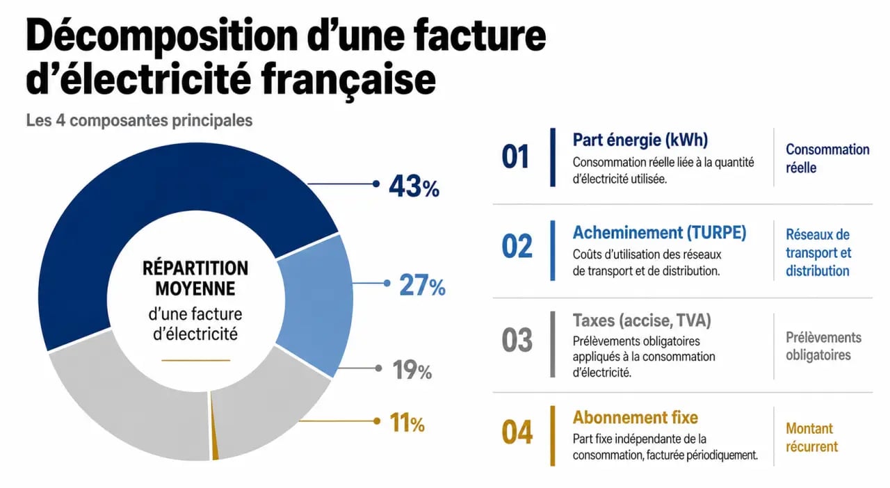 Décomposition d'une facture d'électricité en France : part énergie, réseau et taxes pour comprendre la baisse de la facture d'électricité