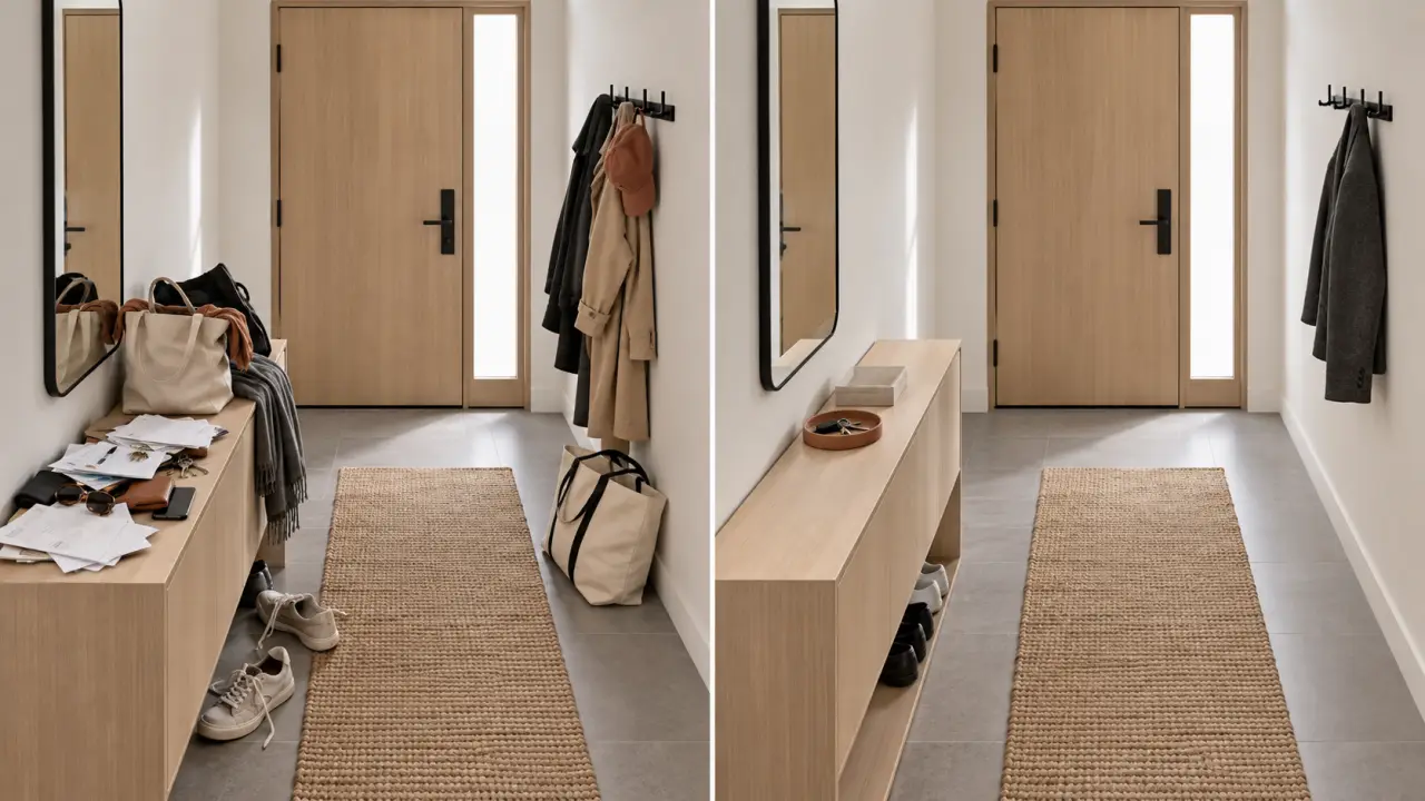 Désencombrement d’une entrée de maison minimaliste avant et après le tri
