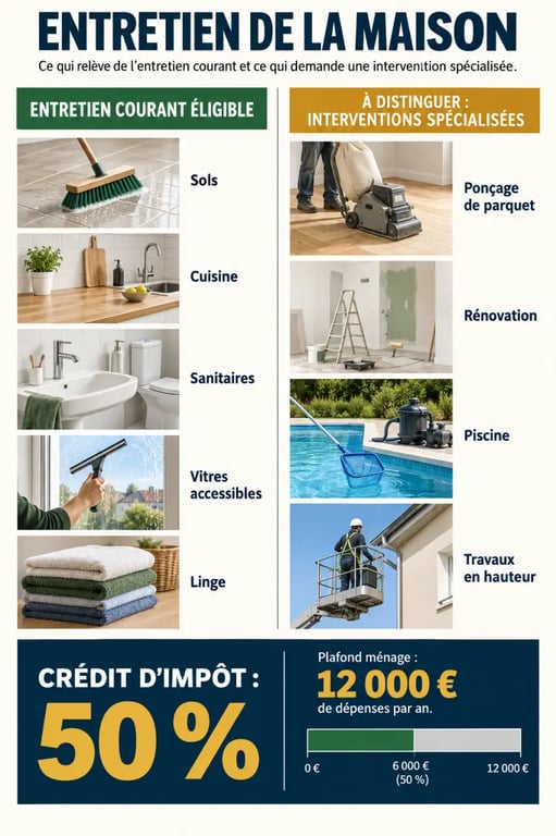 Entretien de la maison et travaux ménagers : prestations courantes, exclusions et crédit d’impôt