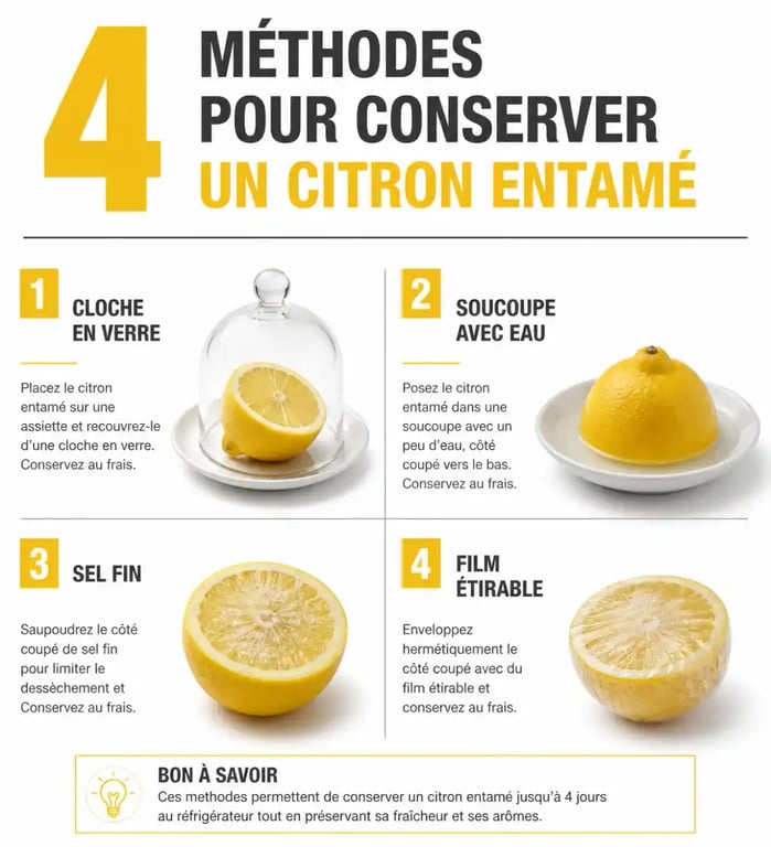 Infographie illustrant les 4 méthodes pour conserver un citron entamé et éviter le gaspillage alimentaire