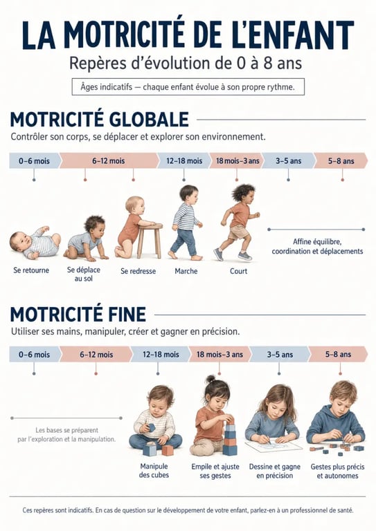 Infographie sur la motricité enfant, de la motricité globale à la motricité fine