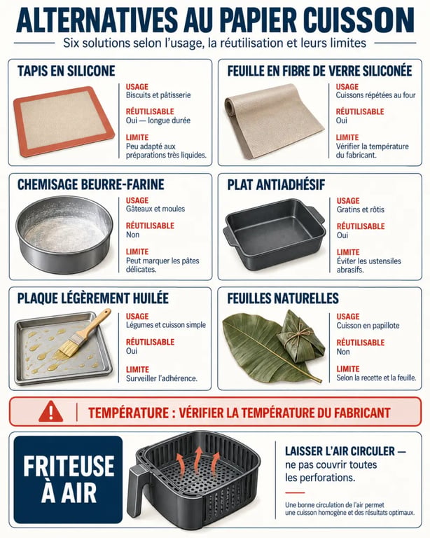 Alternative papier cuisson : infographie des supports adaptés selon les usages et les limites