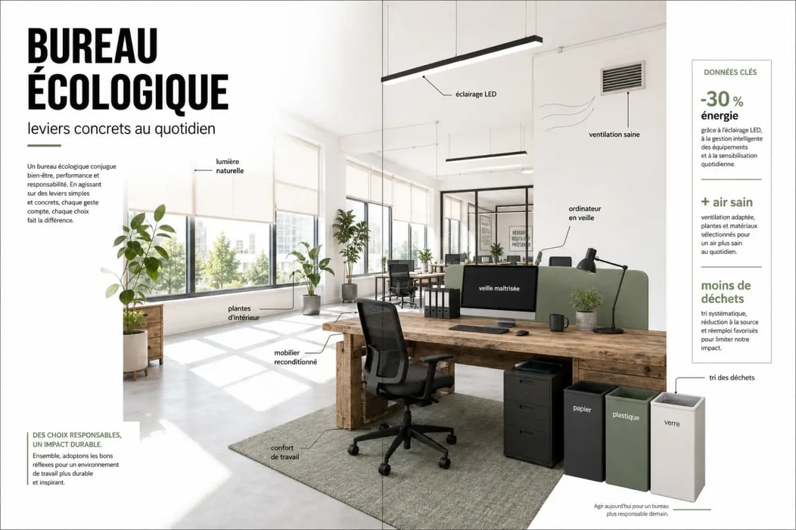 Bureau écologique illustré avec lumière naturelle, LED, tri des déchets, plantes et mobilier reconditionné