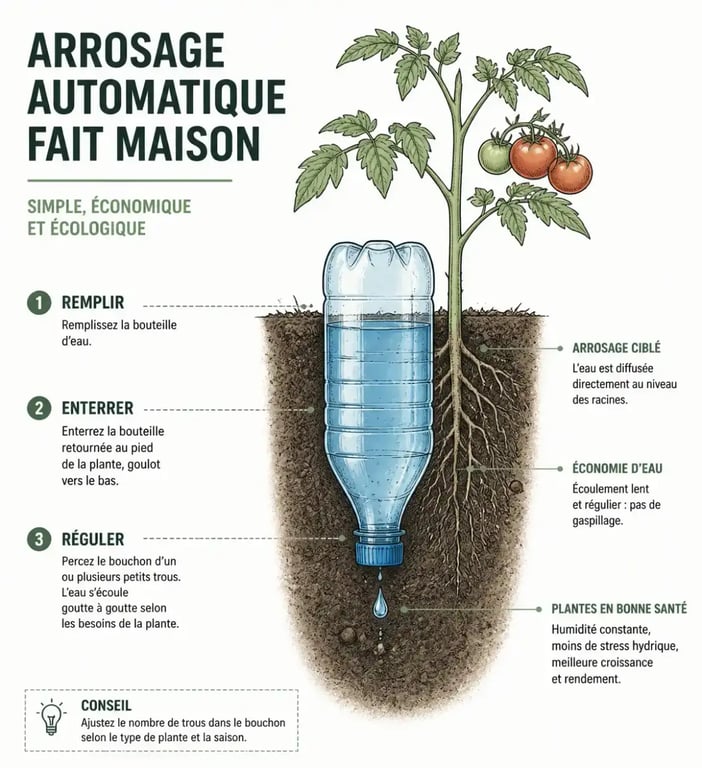 Schéma d'une bouteille inversée pour l'arrosage automatique potager fait maison